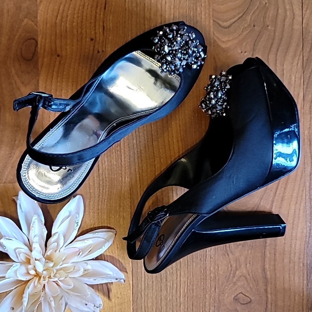 JOEY Black Satin Peep Toe Slingback Heels
